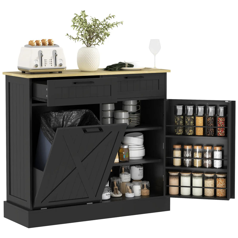 HOMCOM Hidden Garbage Bin Cabinet, Tilt Out Trash Cabinet w/ 2 Drawers, Freestanding Kitchen Island for Laundry, Black