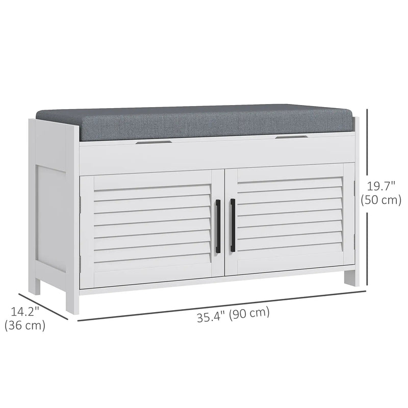 HOMCOM Entryway Bench with Cushion, Hidden Storage, Adjustable Shelves and Shutter Doors, 35.4" Shoe Bench, White