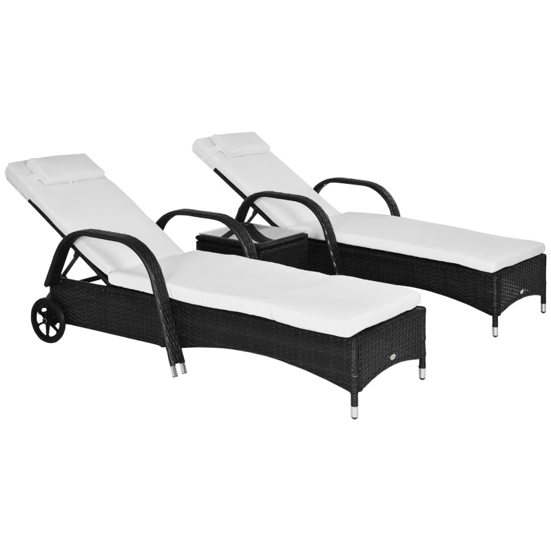 Outsunny Patio Rattan Lounge Set has a Wheeled Wicker Chaise Lounge Chair and A Table with A Tempered Glass Top, White