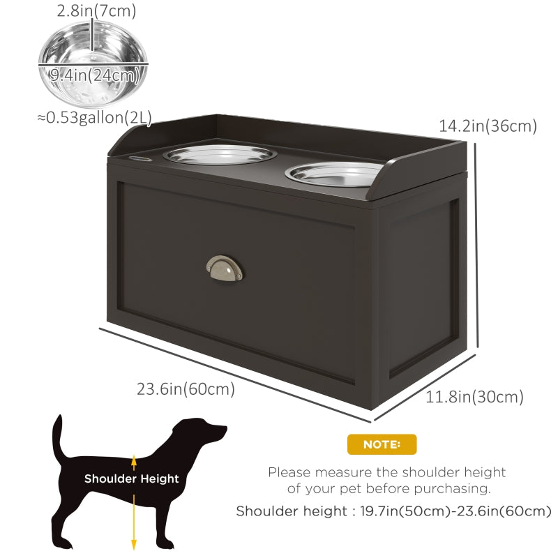 PawHut Large Elevated Dog Bowls with Storage Drawer, Raised Pet Feeding Station with 2 Stainless Steel Bowls, Coffee