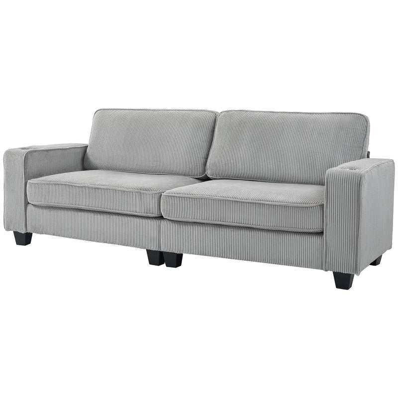 HOMCOM Three Seater Sofa, Fabric 3 Seater Couch with Spring Cushion and Cup Holders for Living Room, Bedroom, Light Grey