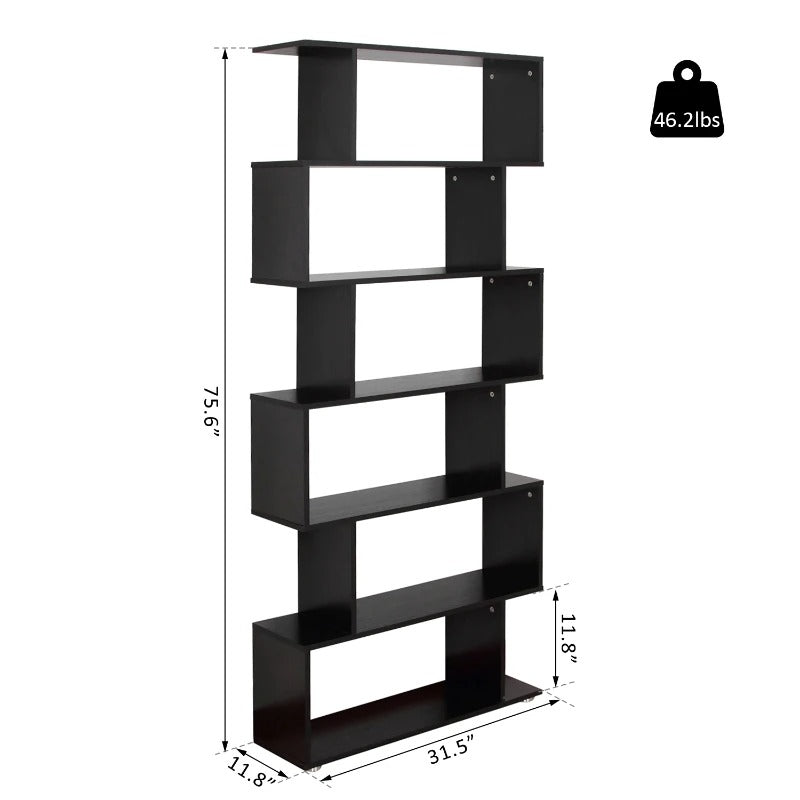 HOMCOM Wooden S Shape Bookcase 6 Shelves Storage Display Home Office Furniture