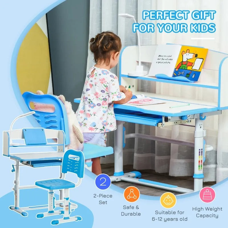 Qaba Kids Desk and Chair Set Height Adjustable Student Writing Desk Children School Study Table with LED Lamp, Bookshelf, Drawer, Reading Board, Pen Slot, Hook, Blue