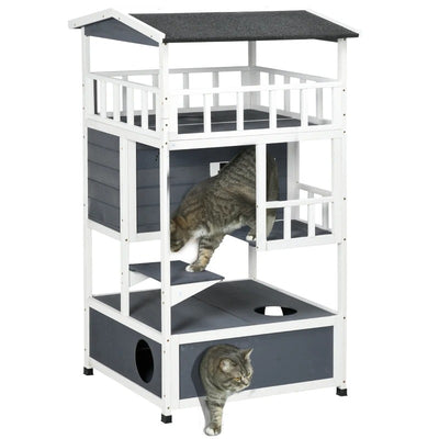 PawHut 4-Floor Wood Outdoor Cat House Catio for Cats with Condo, Fun Entrances, Perch, Grey