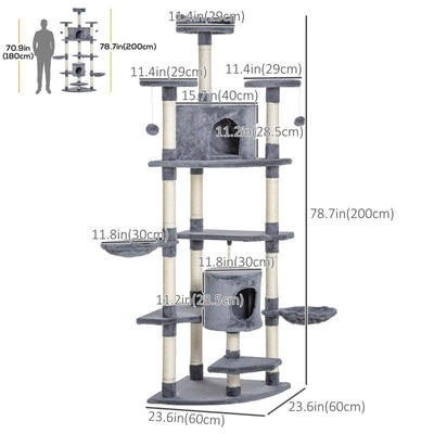 PawHut 79" Cat Tree Multi-Level with Two Condos, Kitty Tower with Scratching Posts, Two Hammocks, Perches, Interactive Toys, Dark Gray