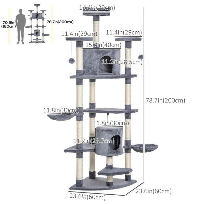 PawHut 79" Cat Tree Multi-Level with Two Condos, Kitty Tower with Scratching Posts, Two Hammocks, Perches, Interactive Toys, Dark Gray