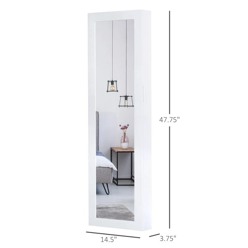 HOMCOM Jewelry Cabinet with Full Length Mirror, Wall Mounted Jewelry Armoire Storage Organizer, White