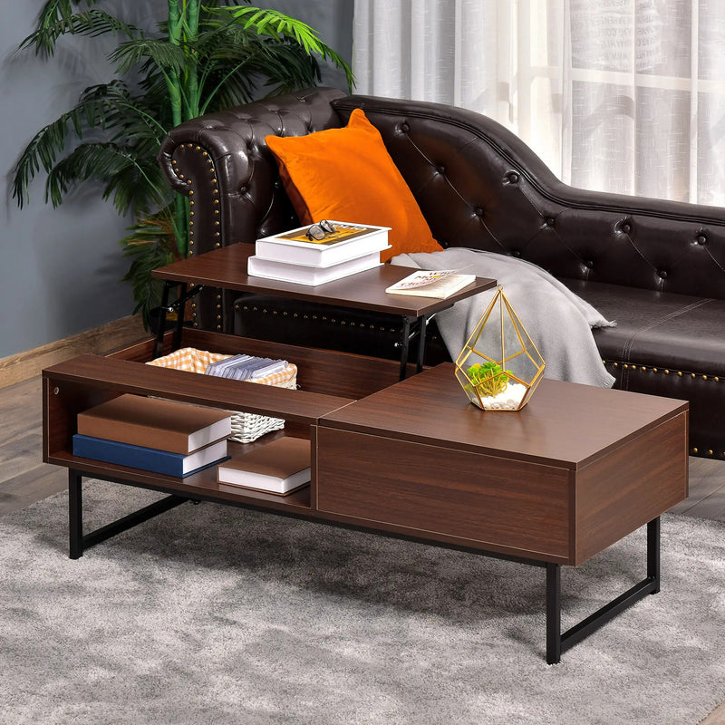 HOMCOM Modern Lift Top Coffee Table with Hidden Storage Compartment and Metal Frame, Center Table for Living Room, Brown