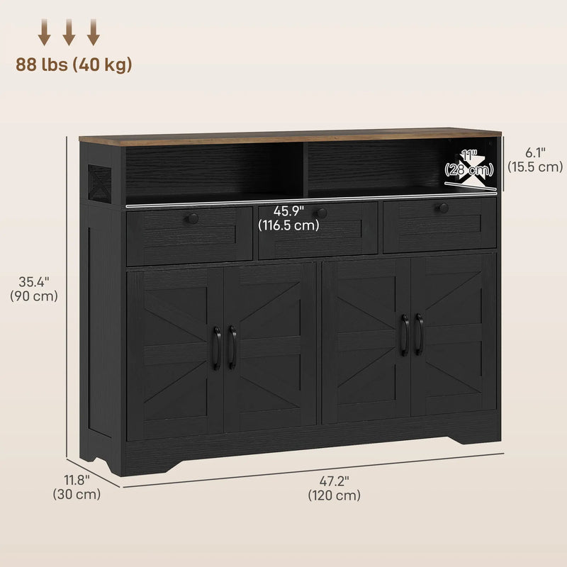 HOMCOM Sideboard, Buffet Cabinet with 4 Barn Doors and 3 Drawers, Coffee Bar Cabinet with Adjustable Shelves, Black