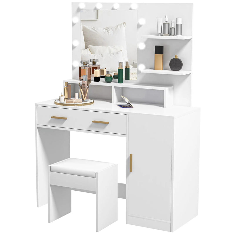 HOMCOM Illuminated Dressing Table Set, LED Vanity Table Set with Stool, LED Mirror, Drawer and Cabinet Shelves for Bedroom