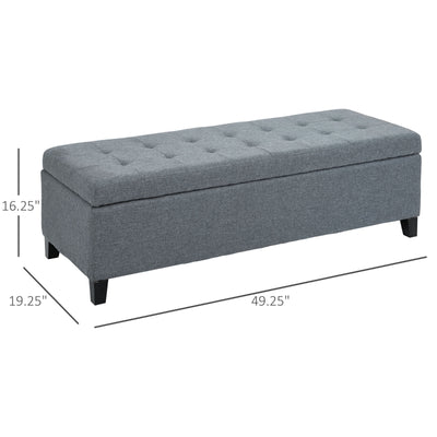 HOMCOM Large 50 Rectangular Storage Ottoman Bench, Tufted Upholstered Linen Fabric Wood Feet Entry Bench, Contemporary Home Decor Grey