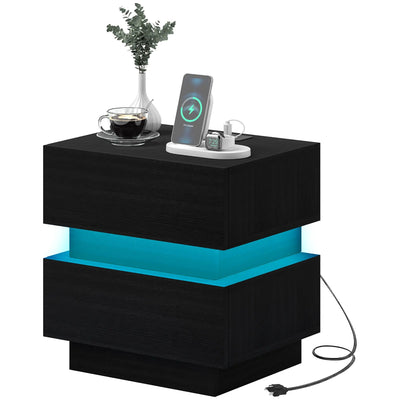 HOMCOM Bedside Table with Charging Station and LED Light Modern Nightstand with USB Ports AC Outlets Drawers Remote, Black