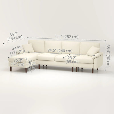 HOMCOM L-Shape Sofa, Modern Sectional Couch with Changeable Chaise Lounge, Pillows and Wooden Legs for Living Room, Cream White