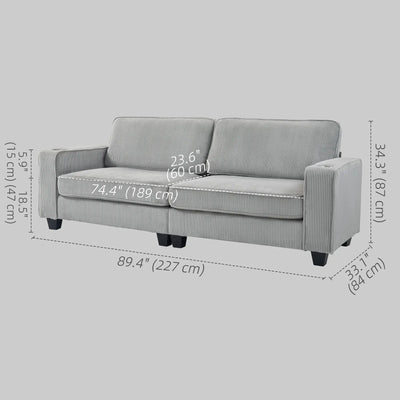 HOMCOM Three Seater Sofa, Fabric 3 Seater Couch with Spring Cushion and Cup Holders for Living Room, Bedroom, Light Grey