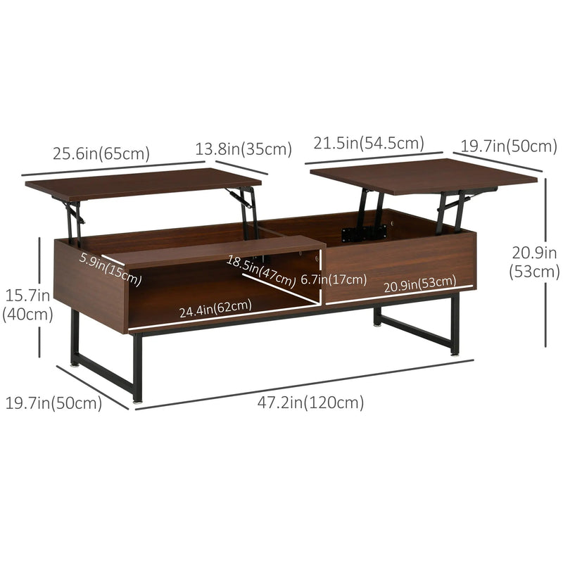 HOMCOM Modern Lift Top Coffee Table with Hidden Storage Compartment and Metal Frame, Center Table for Living Room, Brown