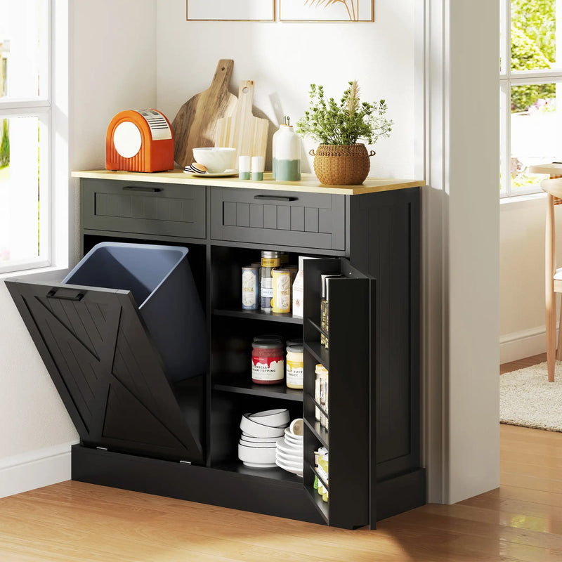 HOMCOM Hidden Garbage Bin Cabinet, Tilt Out Trash Cabinet w/ 2 Drawers, Freestanding Kitchen Island for Laundry, Black