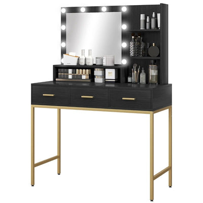 HOMCOM Illuminated Dressing Table, LED Vanity Table with Mirror, 3 Drawers and Storage Shelves for Bedroom, Black