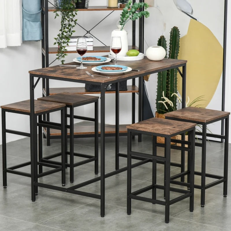 HOMCOM 5 Pieces Industrial Rectangular Bar Table Set, Dining Table Set Breakfast Table with 4 Stools for Dining Room, Kitchen, Dinette, Rustic Brown