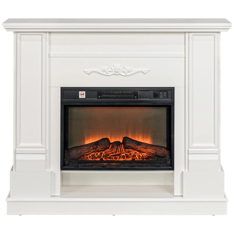 HOMCOM 46" Electric Fireplace with Mantel and Shelf, 1400W Fireplace Heater with Realistic Log and Flame Effect, White