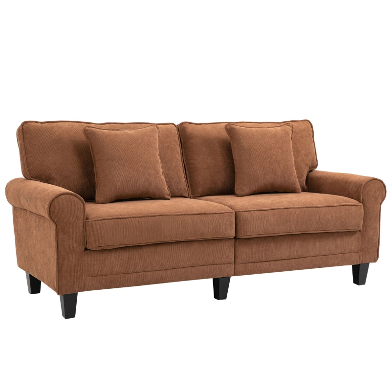 HOMCOM Modern Classic 3-Seater Sofa Corduroy Fabric Couch with Pine Wood Legs, Rolled Arms for Living Room, Brown