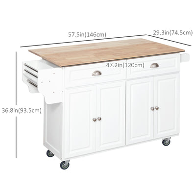 HOMCOM Rolling Kitchen Island on Wheels Utility Cart with Drop-Leaf, Rubber Wood Countertop, Storage Drawers, Door Cabinets and Adjustable Shelves, White