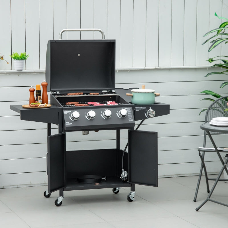 Outsunny 4+1 Burner Liquid Propane Gas Grill Outdoor Cabinet Style BBQ Trolley w/ Side Burner, Warming Rack, Side Shelf, Storage Cabinet, Thermometer, 4 Wheels, Carbon Steel, Black