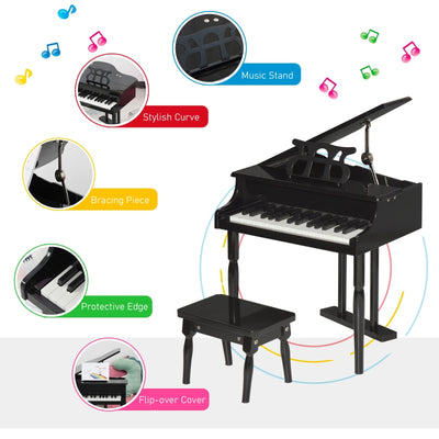 HOMCOM Modern Kids Piano, 30 Keys, Set of 2, Mini Toy for Child, Grand Piano with Music Stand and Bench, Ideal Gift, Black