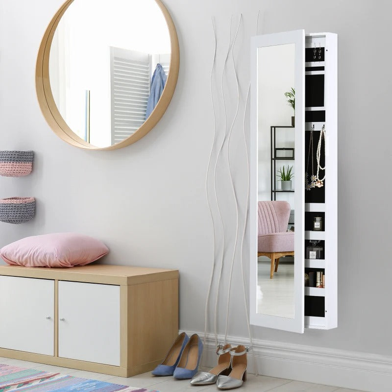 HOMCOM Jewelry Cabinet with Full Length Mirror, Wall Mounted Jewelry Armoire Storage Organizer, White