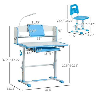 Qaba Kids Desk and Chair Set Height Adjustable Student Writing Desk Children School Study Table with LED Lamp, Bookshelf, Drawer, Reading Board, Pen Slot, Hook, Blue