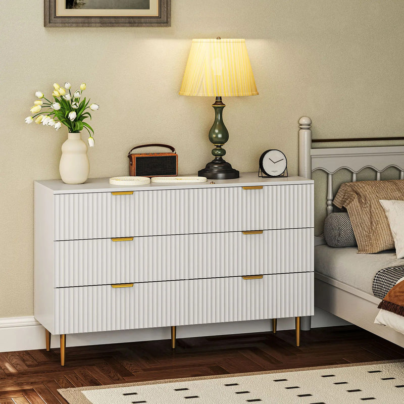 HOMCOM Modern Chest of Drawers 6 Drawer Dresser for Bedroom with Gold Legs and Handles, White