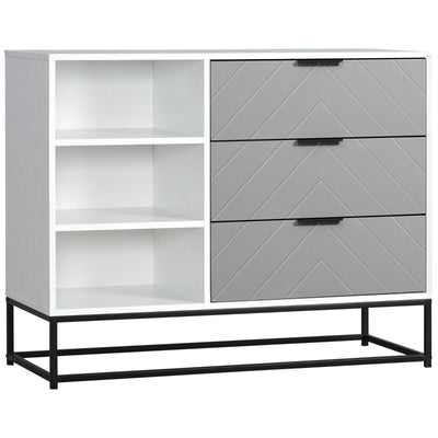 HOMCOM Modern Storage Cabinet with 3 Chevron Pattern Drawers and 3 Open Selves, Accent Cabinet with Steel Base for Living Room, White