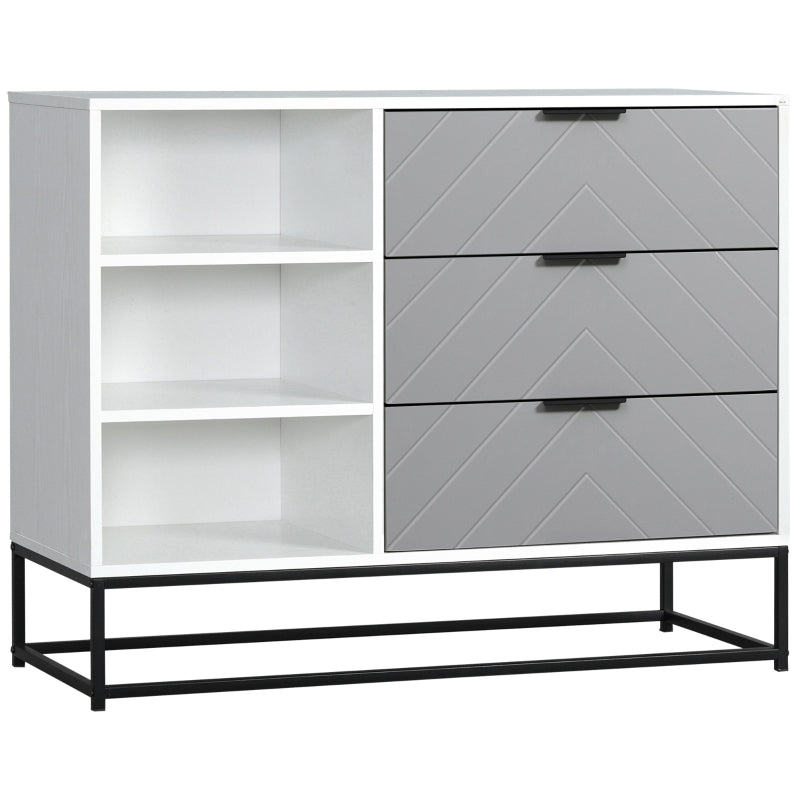 HOMCOM Modern Storage Cabinet with 3 Chevron Pattern Drawers and 3 Open Selves, Accent Cabinet with Steel Base for Living Room, White