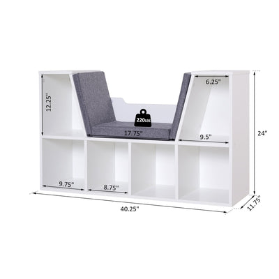 HOMCOM 6-Cubby Kids Bookcase with Seat Cushion, Corner Bookcase with Reading Nook for Playroom, Home Office, Study, Grey