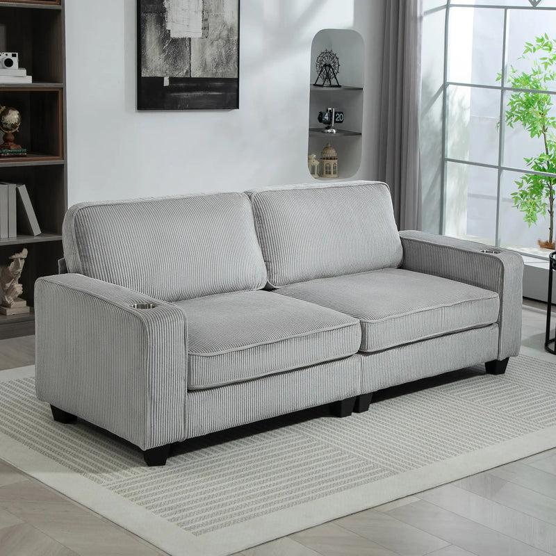 HOMCOM Three Seater Sofa, Fabric 3 Seater Couch with Spring Cushion and Cup Holders for Living Room, Bedroom, Light Grey