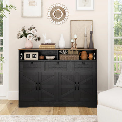 HOMCOM Sideboard, Buffet Cabinet with 4 Barn Doors and 3 Drawers, Coffee Bar Cabinet with Adjustable Shelves, Black