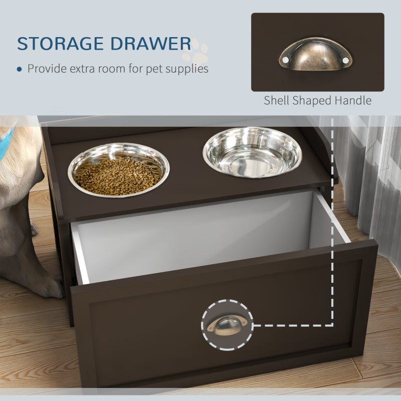 PawHut Large Elevated Dog Bowls with Storage Drawer, Raised Pet Feeding Station with 2 Stainless Steel Bowls, Coffee