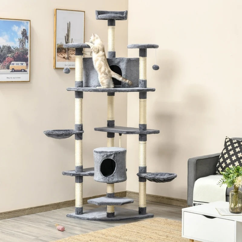 PawHut 79" Cat Tree Multi-Level with Two Condos, Kitty Tower with Scratching Posts, Two Hammocks, Perches, Interactive Toys, Dark Gray