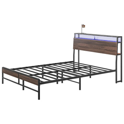 HOMCOM Queen Size Bed Frame with LED Lights and Charging Station, Queen Bed Frame with Storage Headboard, Noise-Free, Walnut