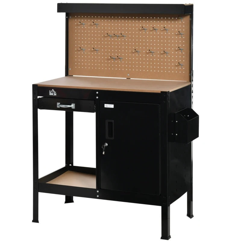 HOMCOM Multipurpose Tool Workbench for Garage, Garage Bench with Storage Drawer, Peg Board, Lockable Cabinet