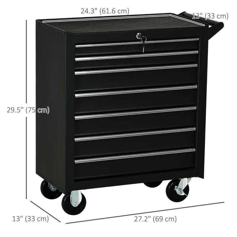 HOMCOM Mobile Lockable Toolbox, 7 Drawer Tool Chest, Storage Organizer with Handle for Workshop, Mechanics, Garage, Black