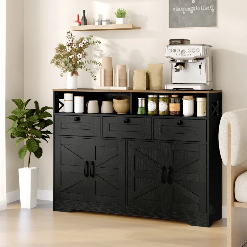 HOMCOM Sideboard, Buffet Cabinet with 4 Barn Doors and 3 Drawers, Coffee Bar Cabinet with Adjustable Shelves, Black