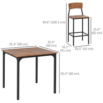 HOMCOM 5-Piece Counter Height Bar Table and Chairs, Square Dining Table and Chairs Set for 4, Industrial Pub Table and Chairs