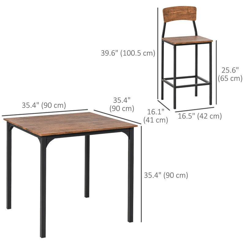 HOMCOM 5-Piece Counter Height Bar Table and Chairs, Square Dining Table and Chairs Set for 4, Industrial Pub Table and Chairs