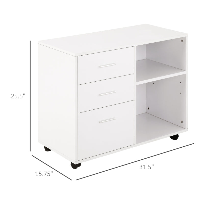 HOMCOM Modern Lateral Filing Cabinet, 3 Drawer File Cabinet, Mobile, Printer Stand with Open Shelves, Rolling Wheels, White