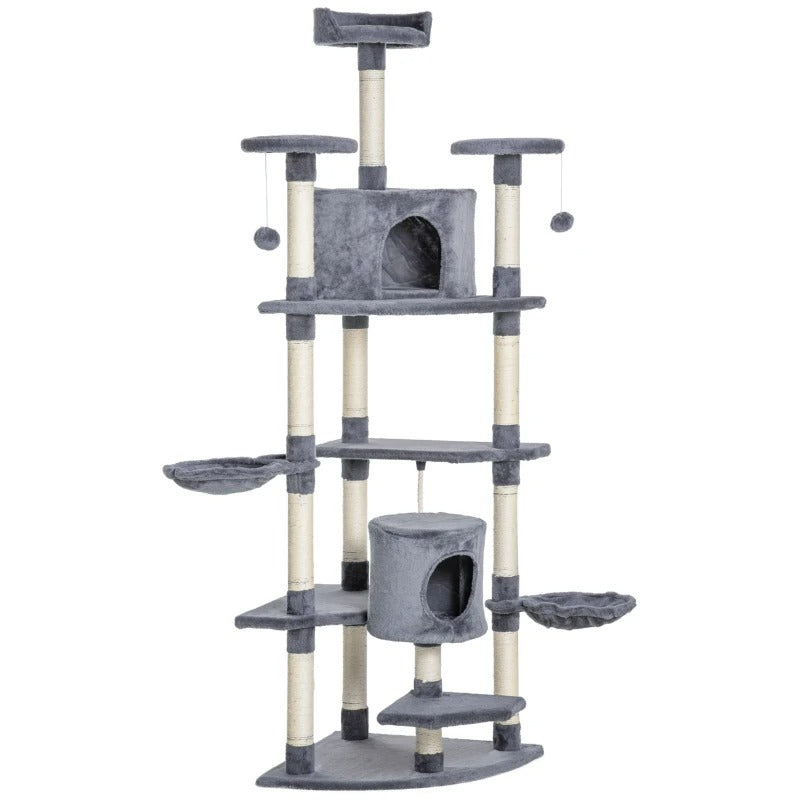 PawHut 79" Cat Tree Multi-Level with Two Condos, Kitty Tower with Scratching Posts, Two Hammocks, Perches, Interactive Toys, Dark Gray