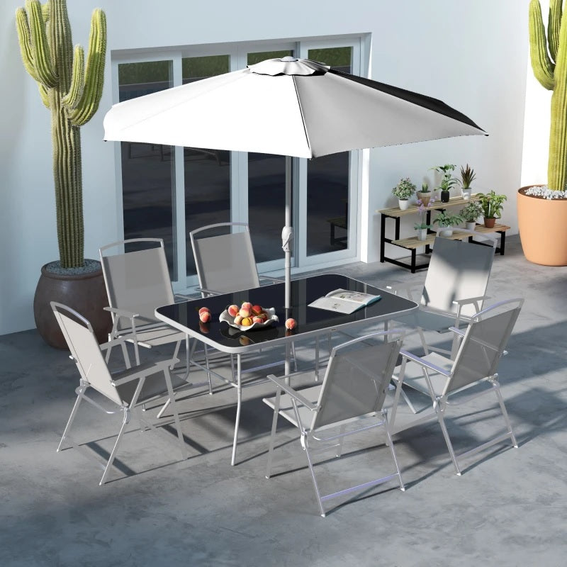 Outsunny 8 Piece Patio Set with Umbrella, 6 Folding Chairs, Rectangle Table, Outdoor Dining Set for 6 with Mesh Seat, Grey