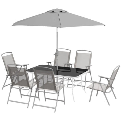 Outsunny 8 Piece Patio Set with Umbrella, 6 Folding Chairs, Rectangle Table, Outdoor Dining Set for 6 with Mesh Seat, Grey