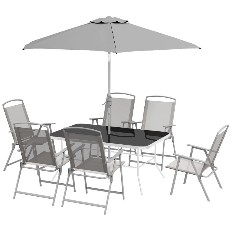 Outsunny 8 Piece Patio Set with Umbrella, 6 Folding Chairs, Rectangle Table, Outdoor Dining Set for 6 with Mesh Seat, Grey