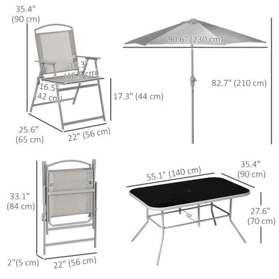 Outsunny 8 Piece Patio Set with Umbrella, 6 Folding Chairs, Rectangle Table, Outdoor Dining Set for 6 with Mesh Seat, Grey