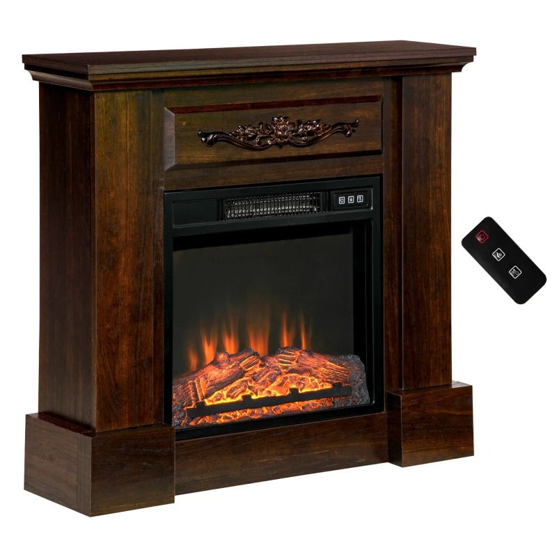 HOMCOM Electric Fireplace with Mantel, Freestanding Heater Corner Firebox with Log Hearth and Remote Control, 1400W, Brown